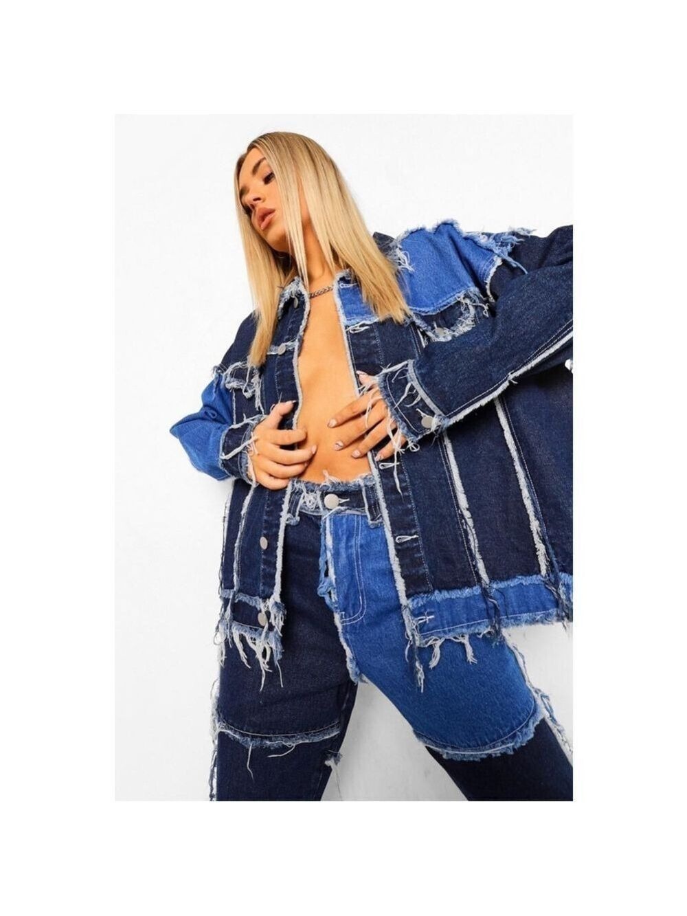 NWT Boohoo NWT Boho/Western patchwork denim jacket size 6 Casual Long Sleeve - Picture 1 of 13